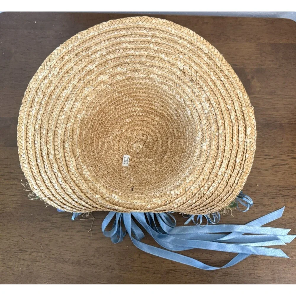 Straw Hat with Blue Flowers, Ribbons Grannycore Cottagecore Wall Decor Blue